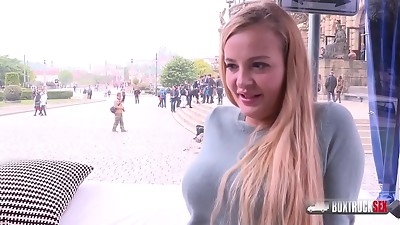 Slender platinum-blonde Candy Alexa first-ever time fucking in public